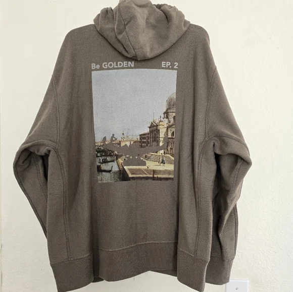 Golden Goose Venice Print Oversized Boxy Hooded Sweatshirt Size S Small Khaki - Picture 3 of 14